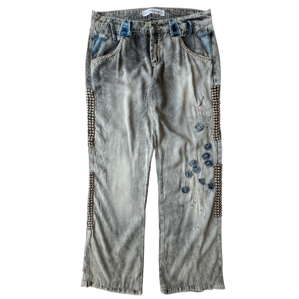 Dishe Jeans 10-12 (42) Gray Acid Wash Embroider Floral Rhinestone Studded Y2K